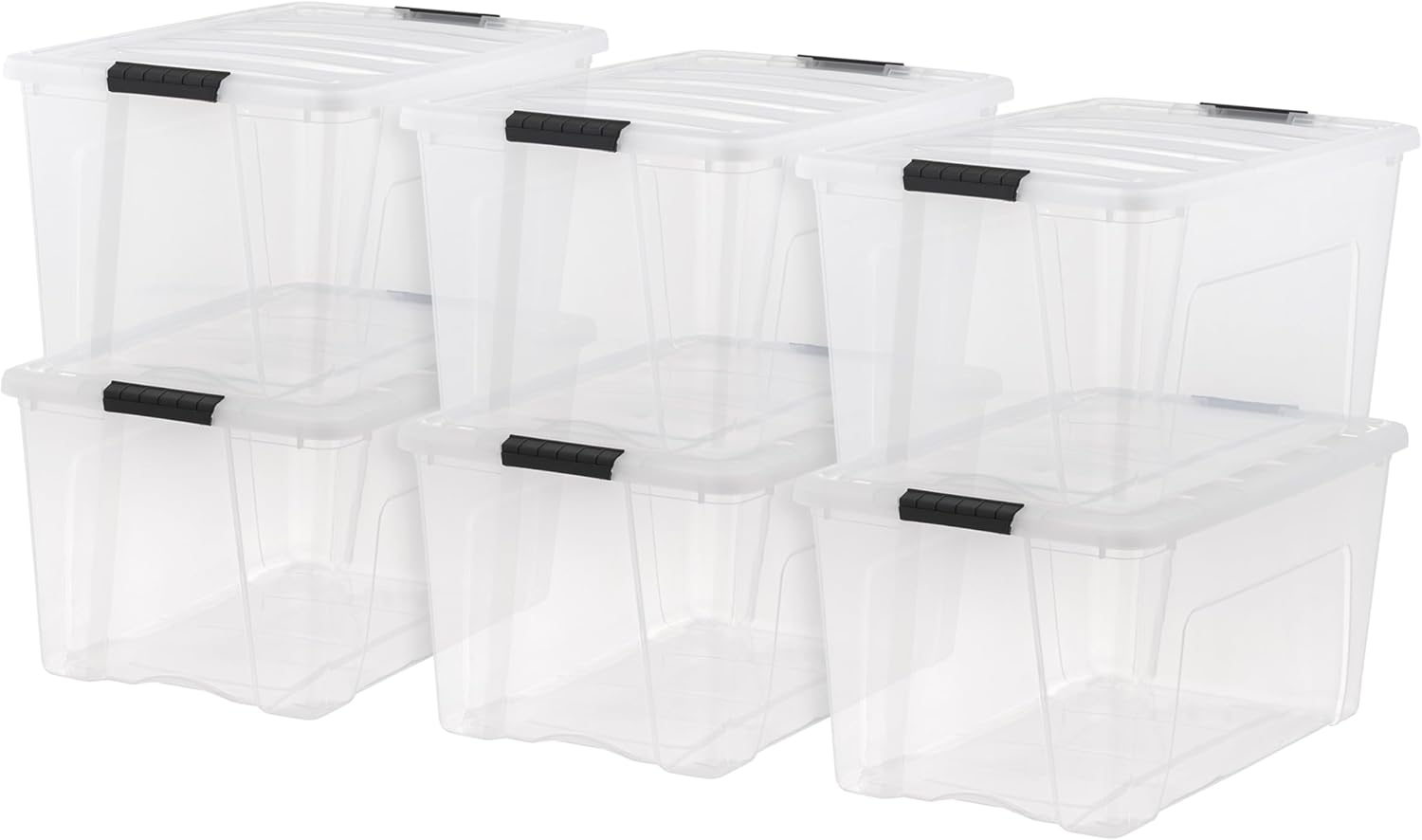 IRIS USA 72 Qt Stackable Plastic Storage Bins with Lids. 6 Pack - BPA-Free. Made in USA - See-Through Organizing Solution. Latches. Durable Nestable Containers. Secure Pull Handle - Clear