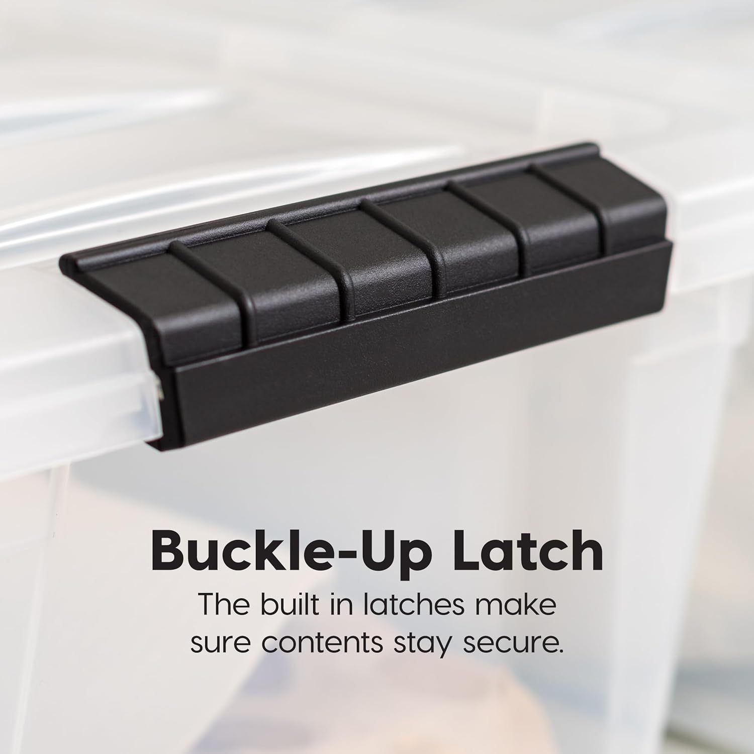 IRIS USA 72 Qt Stackable Plastic Storage Bins with Lids. 6 Pack - BPA-Free. Made in USA - See-Through Organizing Solution. Latches. Durable Nestable Containers. Secure Pull Handle - Clear - Image 5