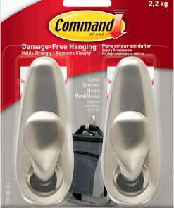 Command 5 lb Large Brushed Nickel Metal Hooks. 2 Coat Hooks and 4 Strips. Damage-Free Hanging with Adhesive. Great for Hanging Back to School Dorm Organizers