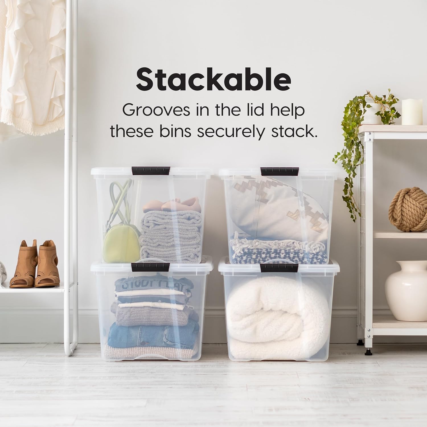IRIS USA 72 Qt Stackable Plastic Storage Bins with Lids. 6 Pack - BPA-Free. Made in USA - See-Through Organizing Solution. Latches. Durable Nestable Containers. Secure Pull Handle - Clear - Image 4