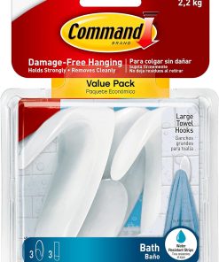 Command Bath Large Towel Hook Value Pack. Clear Frosted. 3-Large Hooks. 3-Water-Resistant Strips. Organize Damage-Free