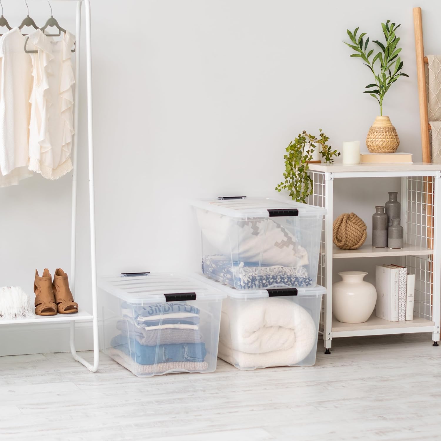 IRIS USA 72 Qt Stackable Plastic Storage Bins with Lids. 6 Pack - BPA-Free. Made in USA - See-Through Organizing Solution. Latches. Durable Nestable Containers. Secure Pull Handle - Clear - Image 8