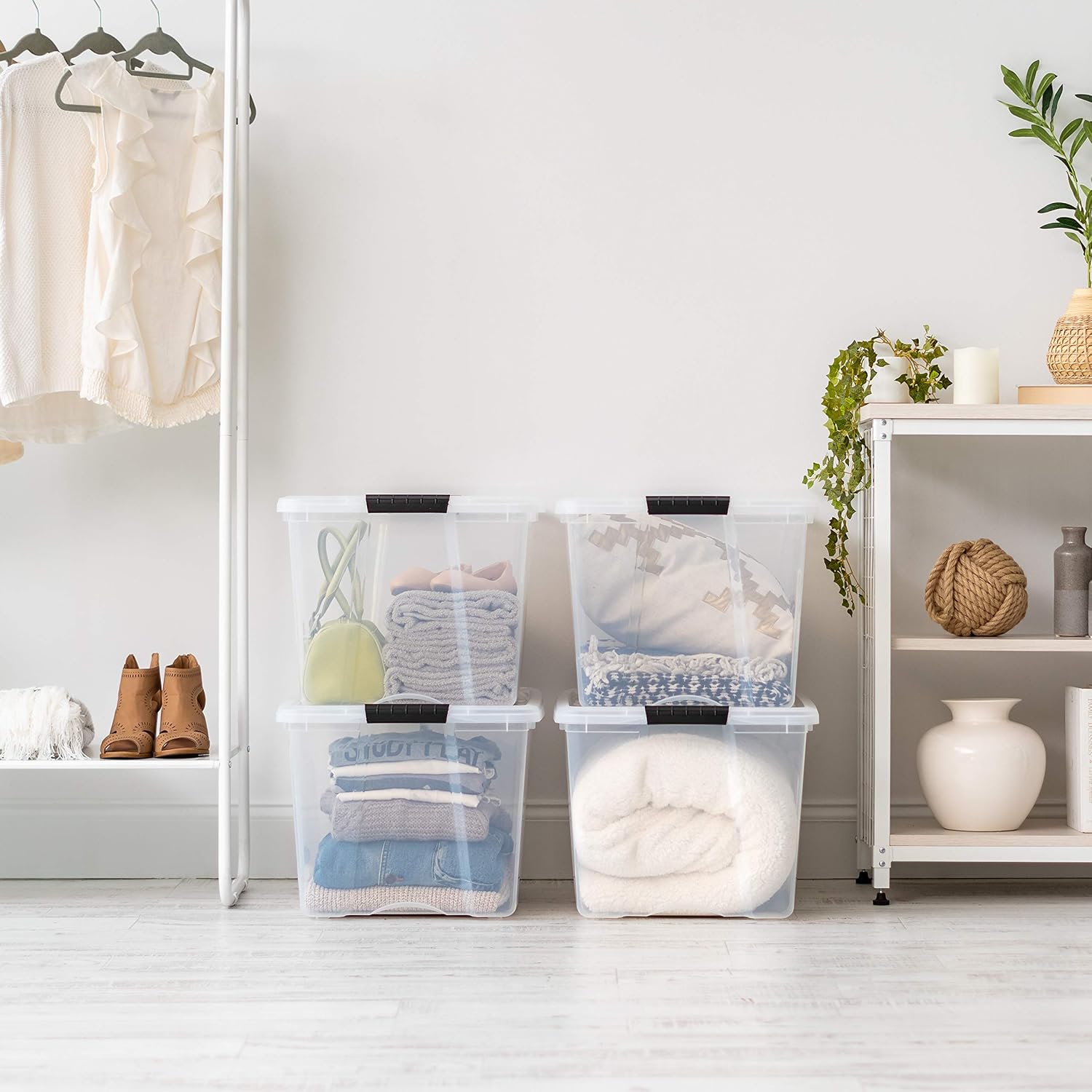 IRIS USA 72 Qt Stackable Plastic Storage Bins with Lids. 6 Pack - BPA-Free. Made in USA - See-Through Organizing Solution. Latches. Durable Nestable Containers. Secure Pull Handle - Clear - Image 7