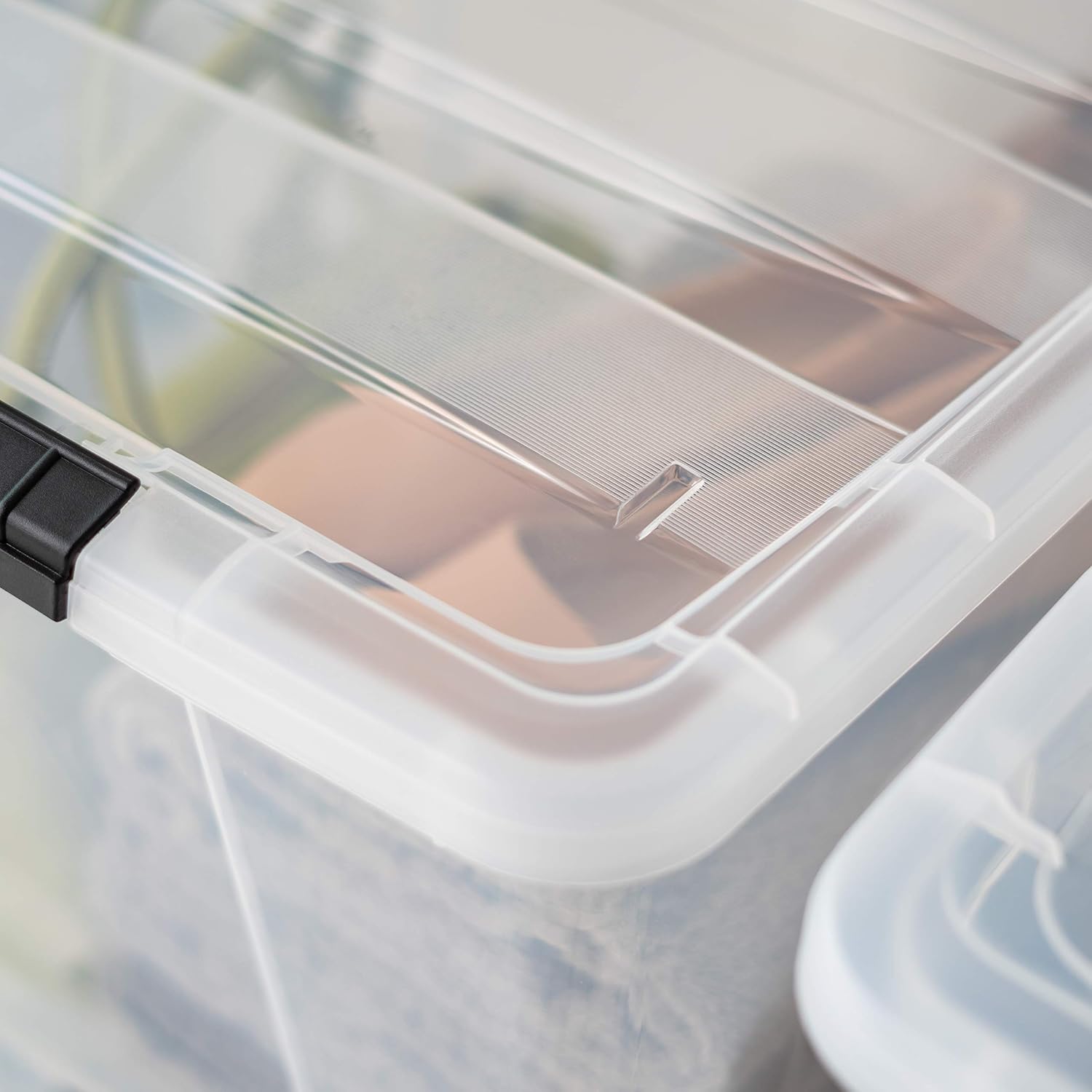 IRIS USA 72 Qt Stackable Plastic Storage Bins with Lids. 6 Pack - BPA-Free. Made in USA - See-Through Organizing Solution. Latches. Durable Nestable Containers. Secure Pull Handle - Clear - Image 9