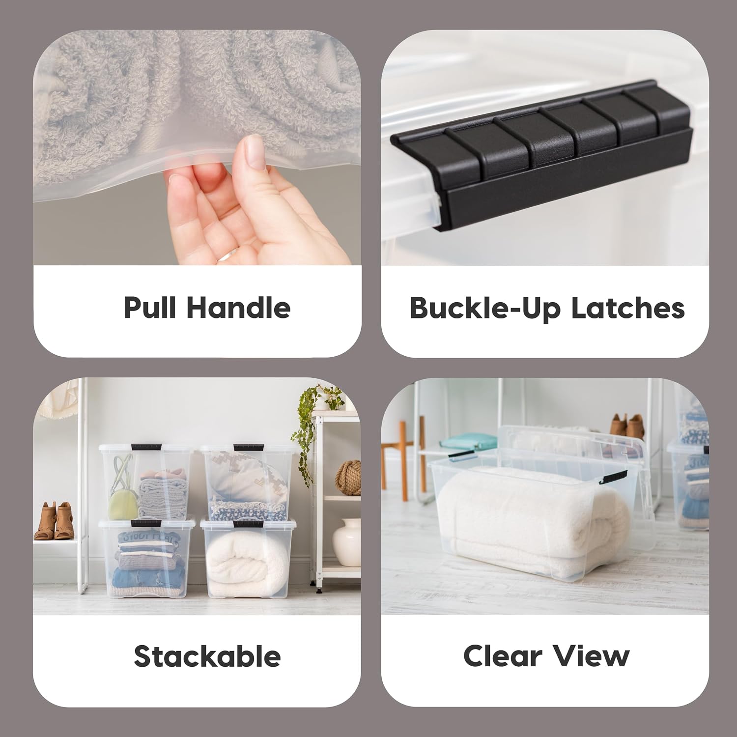 IRIS USA 72 Qt Stackable Plastic Storage Bins with Lids. 6 Pack - BPA-Free. Made in USA - See-Through Organizing Solution. Latches. Durable Nestable Containers. Secure Pull Handle - Clear - Image 3